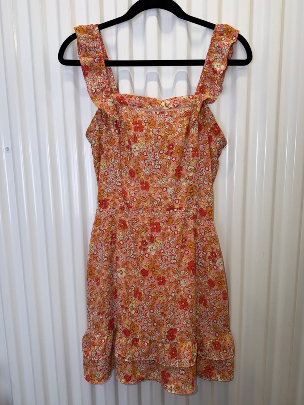 Jessica Simpson S Floral Mini Dress Pink Orange Tie Front Ruffle Hem Summer Boho - Picture 2 of 4